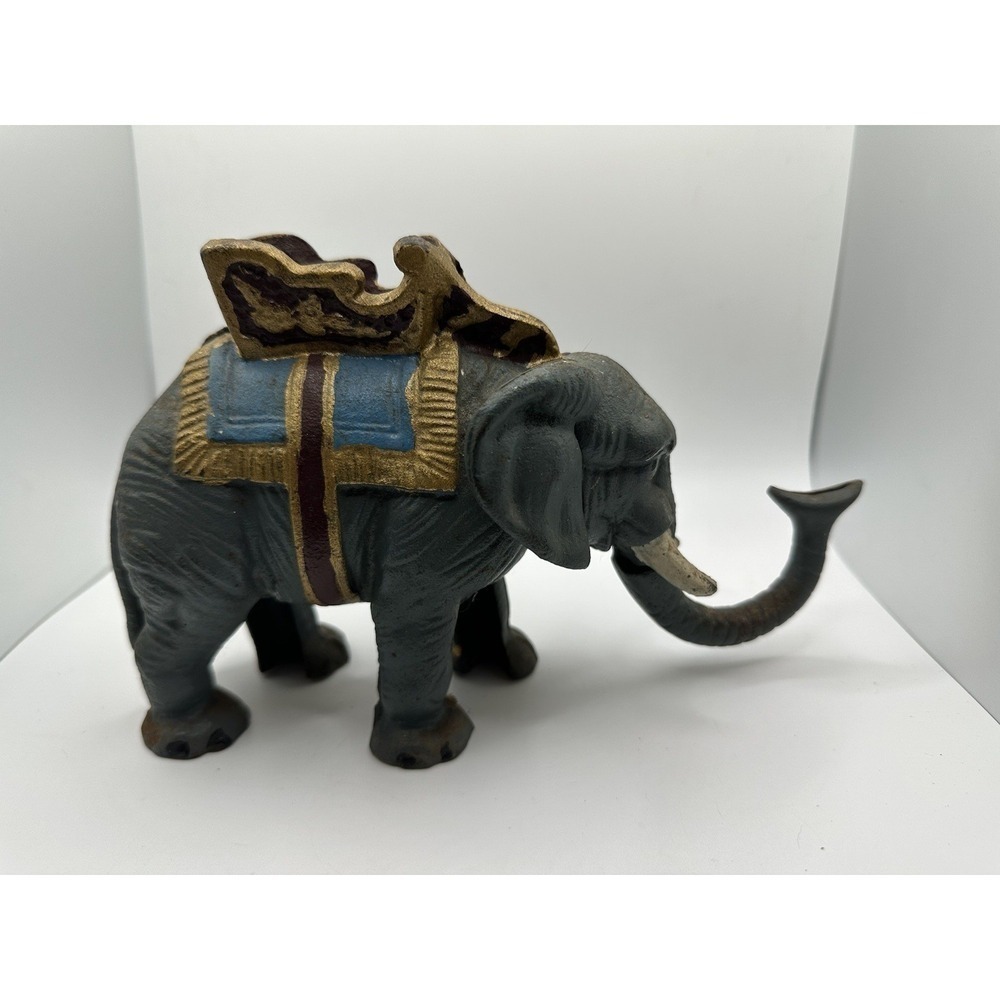 Vintage Cast Iron Hand Painted Gray Elephant Mechanical Coin Bank - Picture 3 of 12